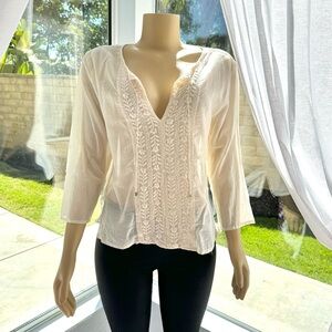 JOIE Women's Peasant Silk Top Blouse Boho Biege Shirt Embroidered Size L Large